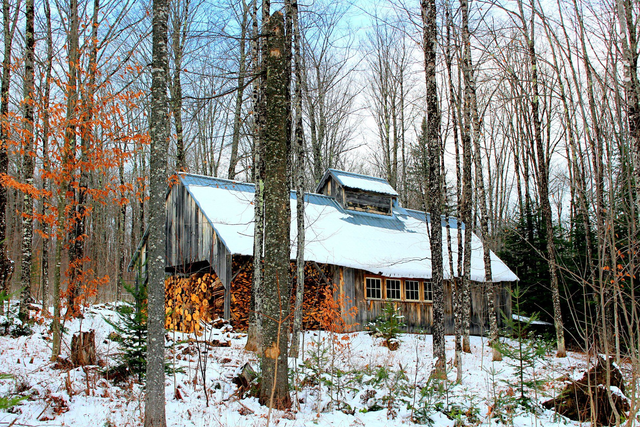 A sugar shack in winter in Burke, Vermont
