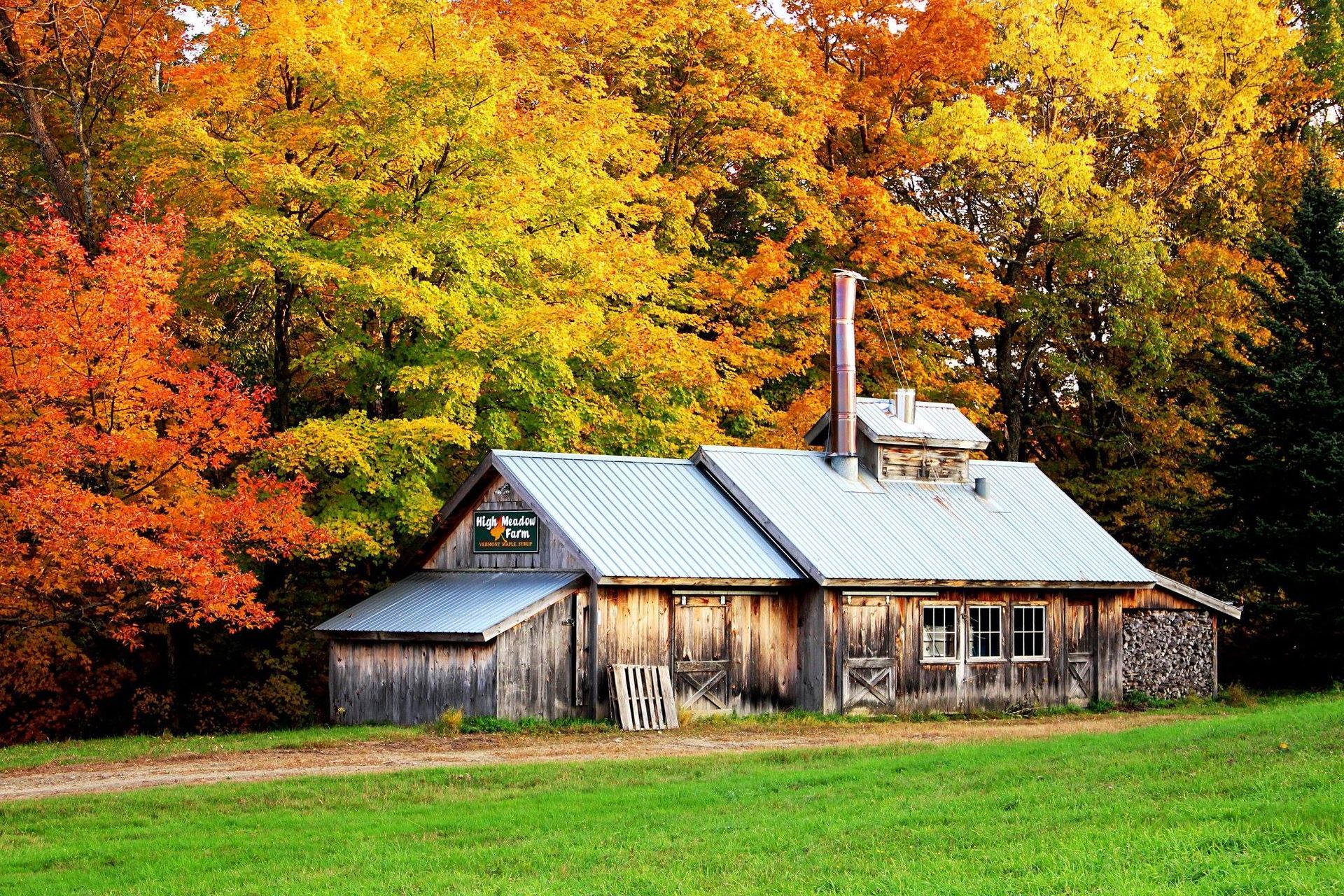 A sugar shack in Burke, Vermont surrounded by Fall foliage
