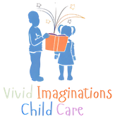 The logo for vivid imaginations child care shows a boy and a girl holding a book