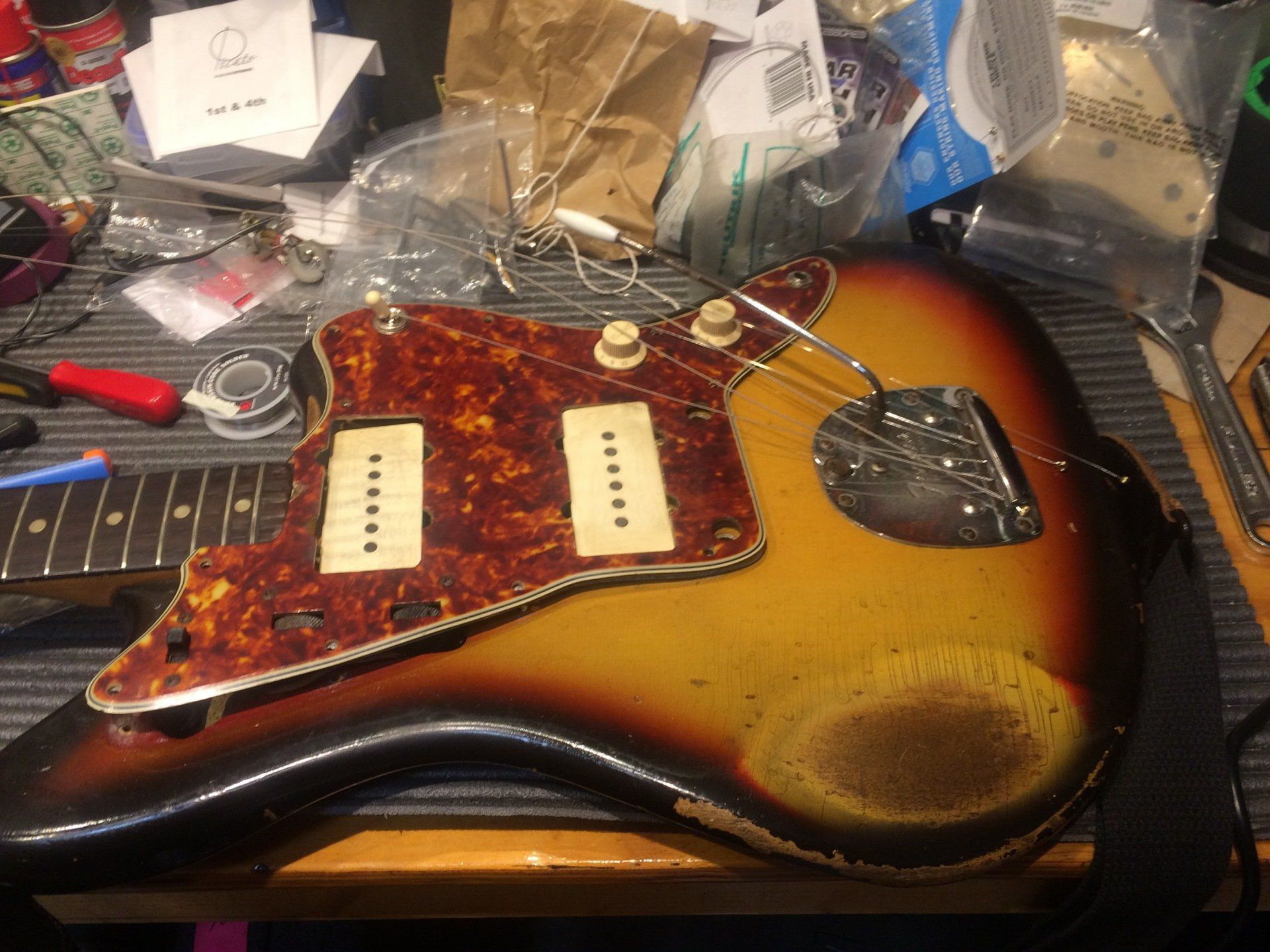 1965 Fender Jazzmaster that belongs to John Parish in the workshop at New Cut Studios