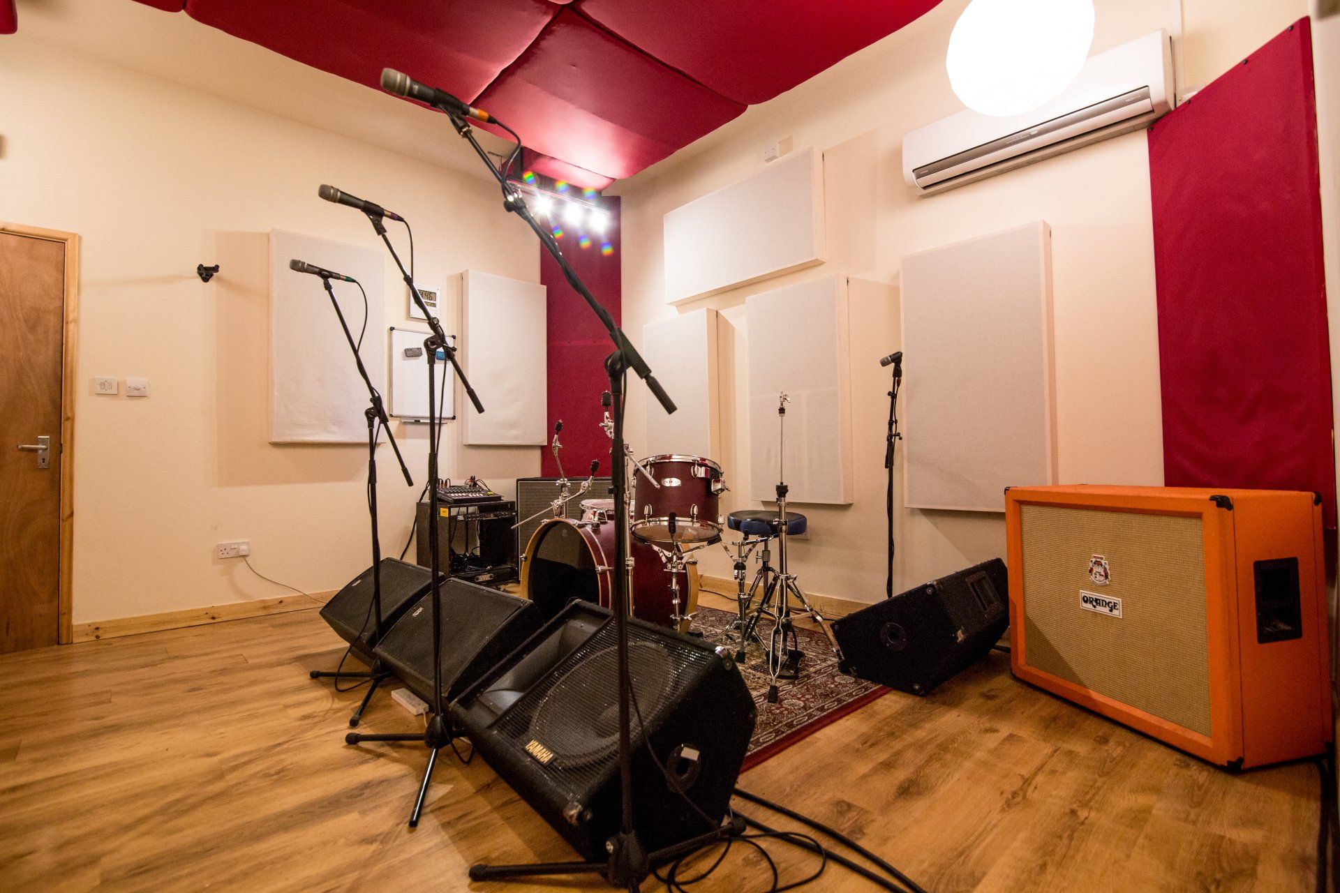 the live room at New Cut Studios with a drum kit and backline