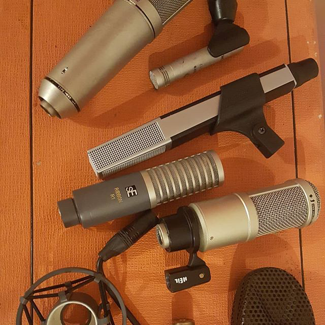 A selection of microphones from New Cut Studios, including a u87, Sennheiser MD441 and a Coles 4038