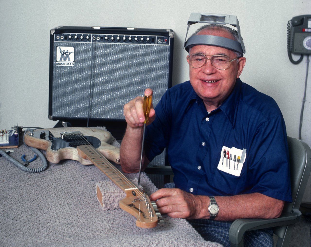 Leo Fender during the Music Man era working on a Sting Ray II guitar