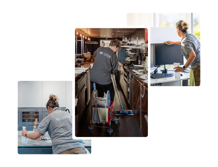 Reinigungskräfte in verschiedenen Bereichen: Staubsaugen, Küchenreinigung und Abstauben von Büros.