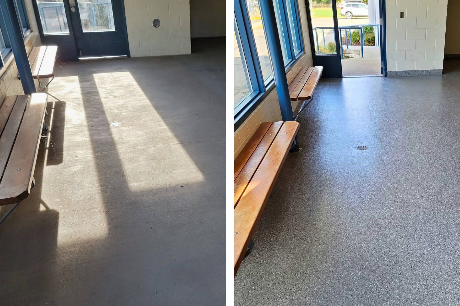 A before and after photo of a bench in a room