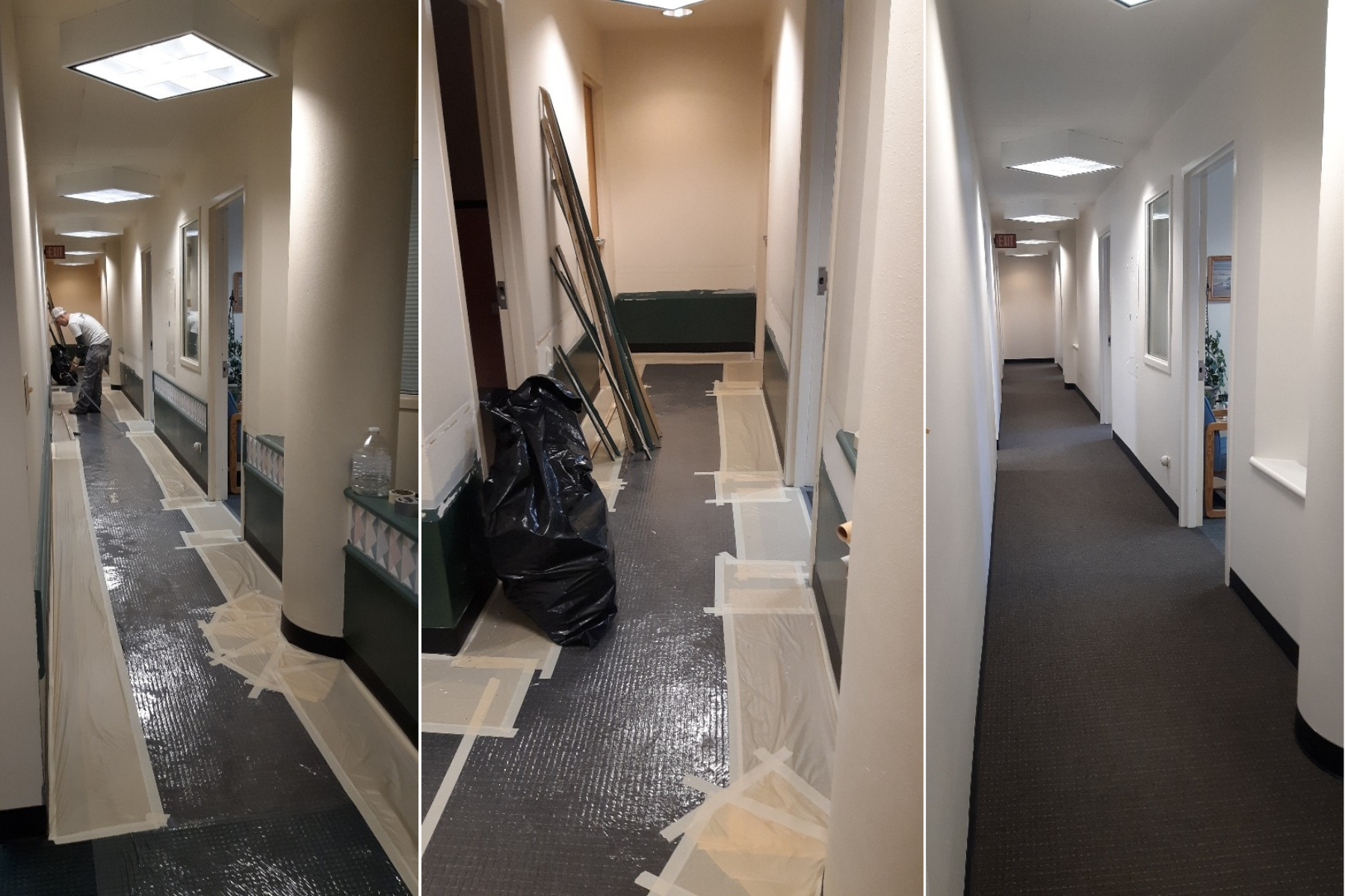 A collage of three pictures of a hallway being painted