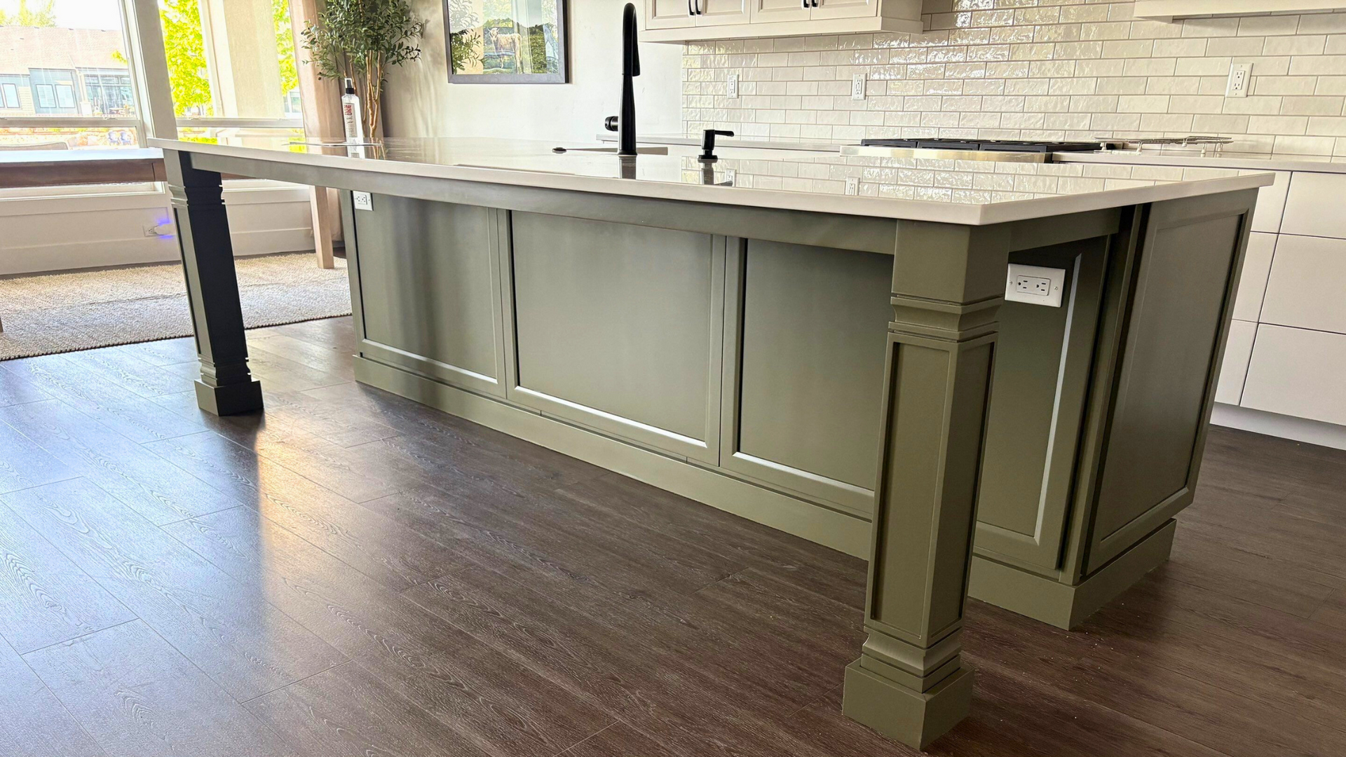 Finished kitchen island painted in Dried Thyme with smooth, factory-grade finish.