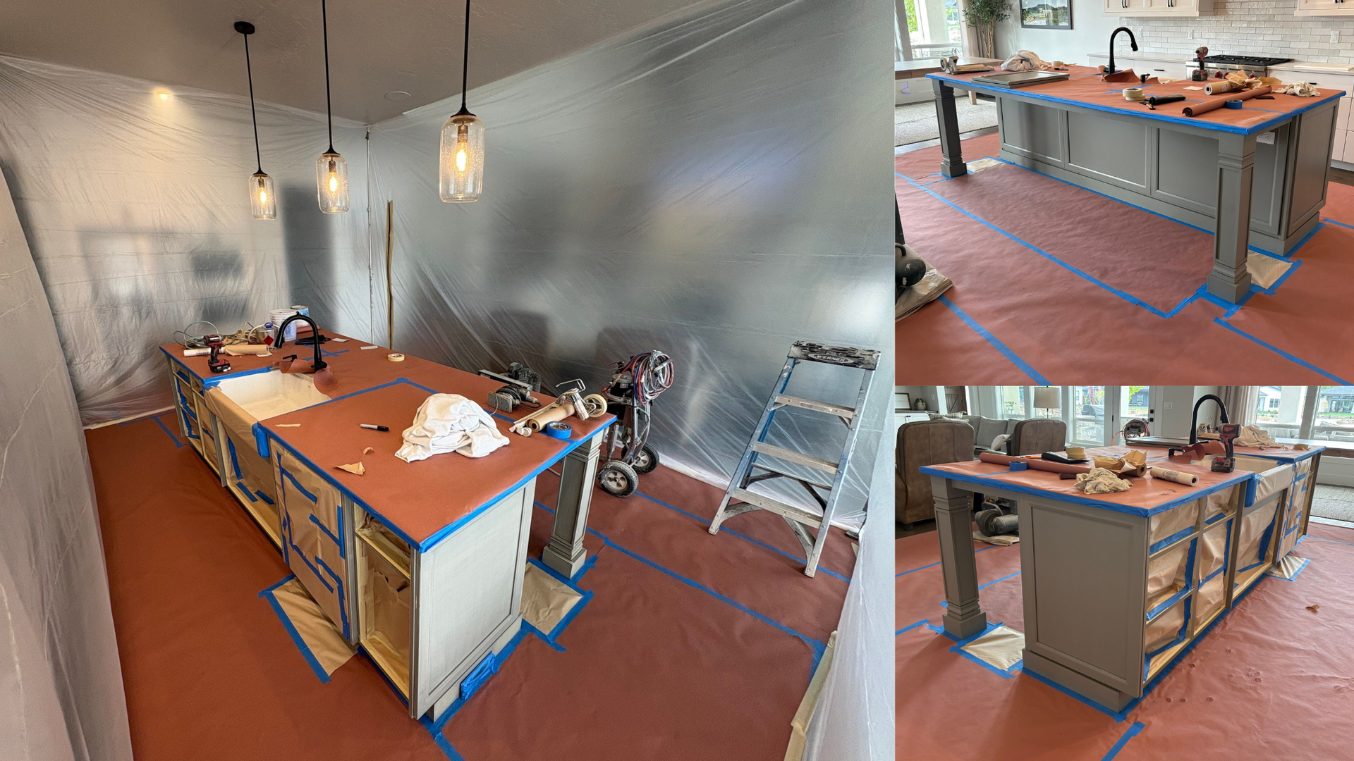 prep process photo of cabinet painting a kitchen island