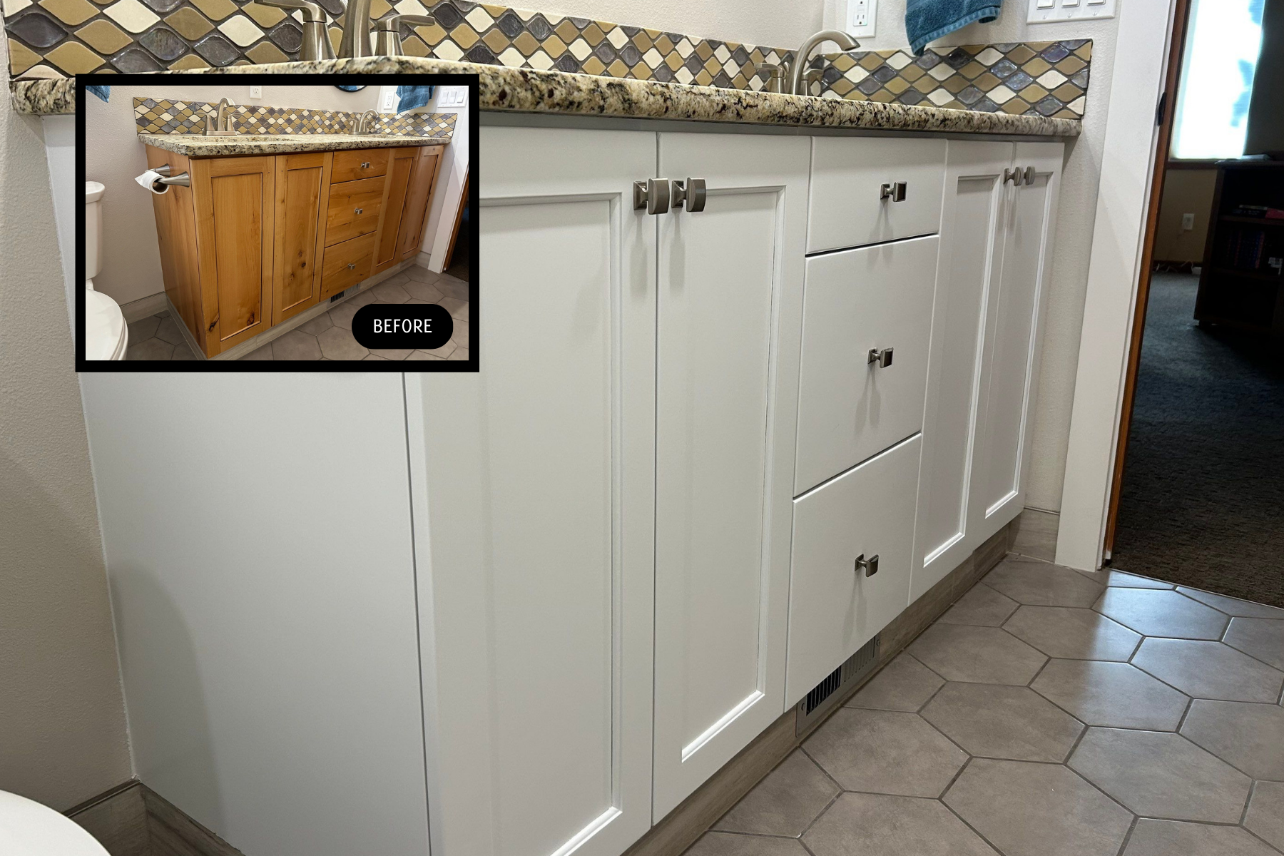 A bathroom vanity before and after being painted white