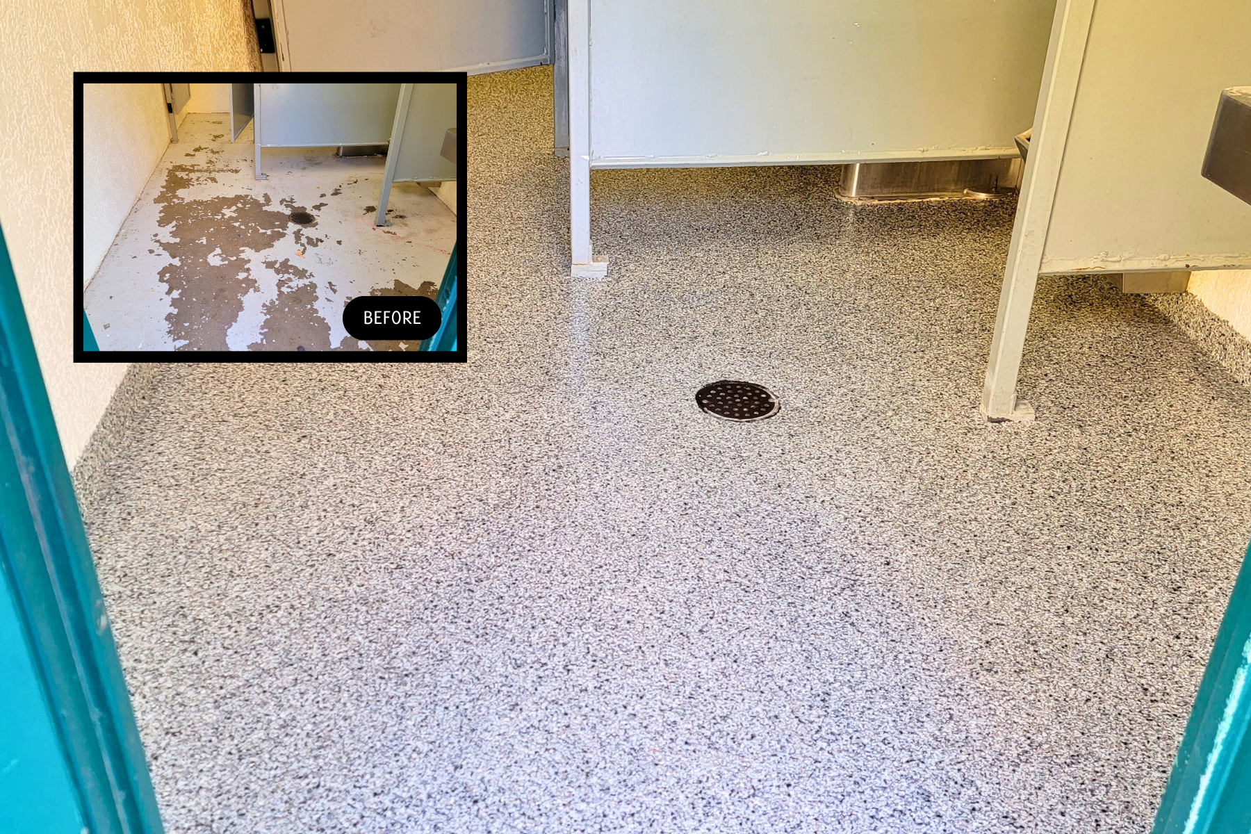 A bathroom with a dirty floor and a picture of a dirty floor.