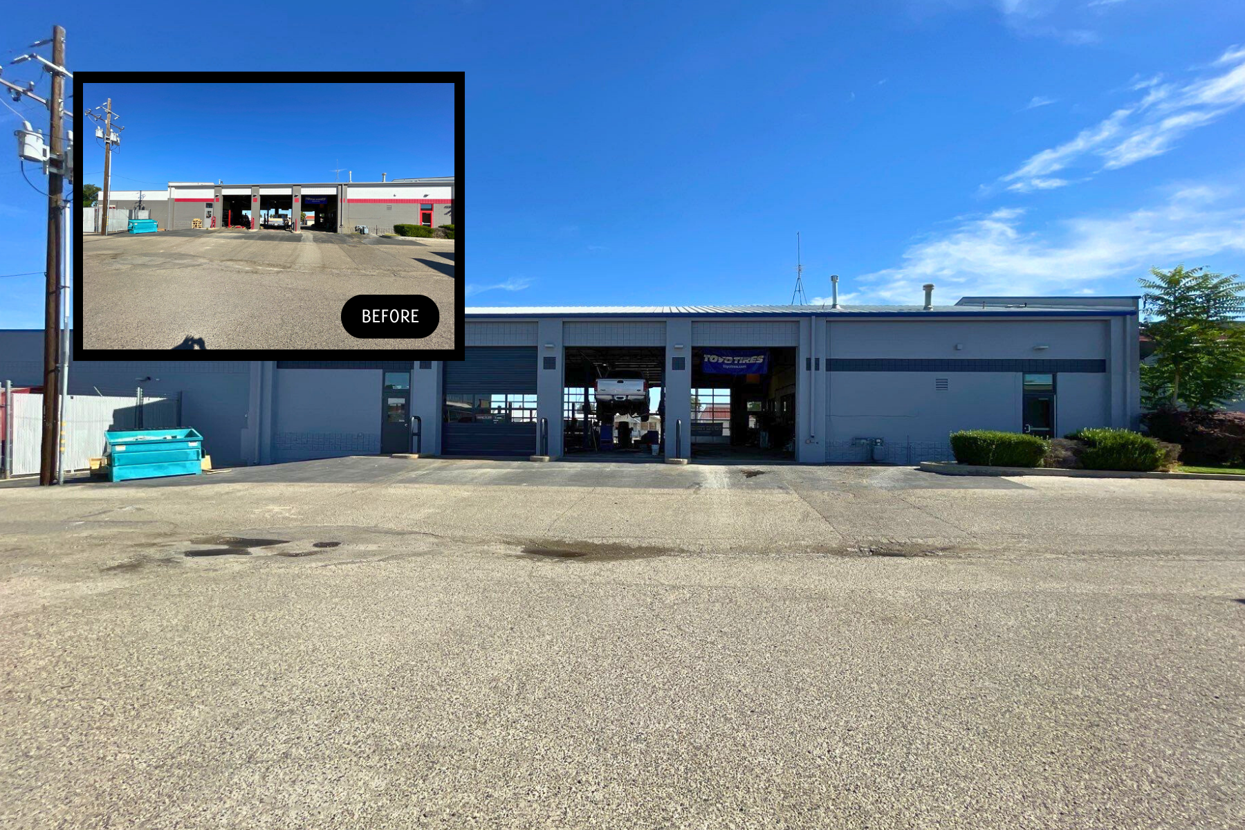 A picture of a building and a picture of a parking lot