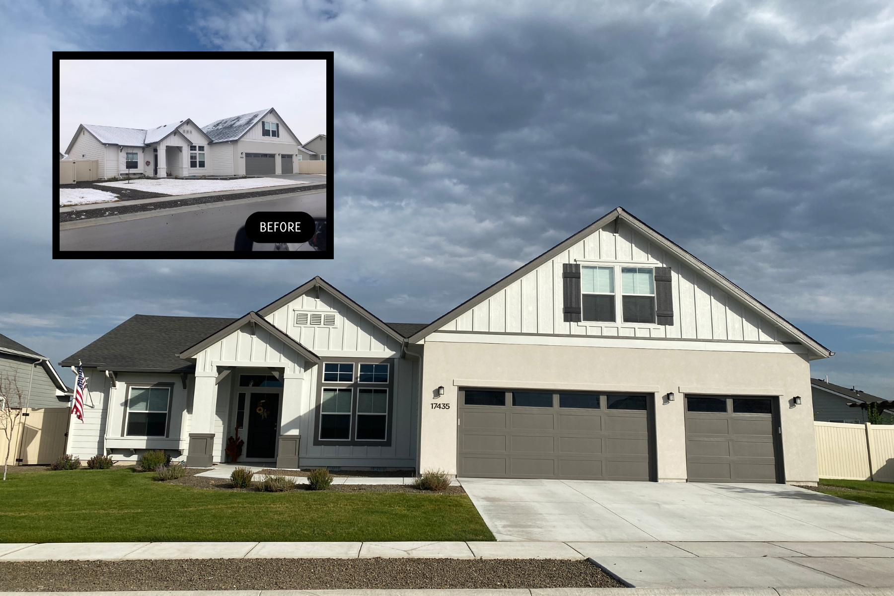 A picture of a house before and after being built