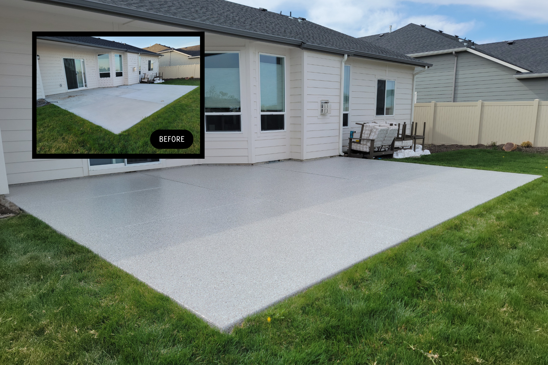 A before and after picture of a patio in front of a house.