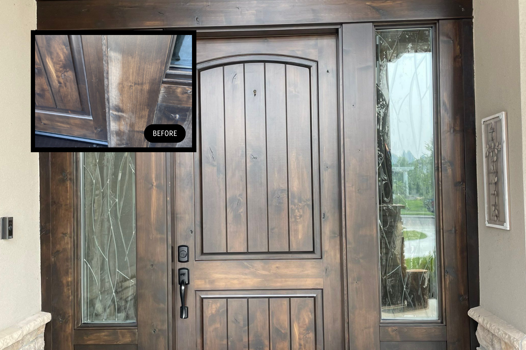 A picture of a wooden door with a picture of the inside of the door.