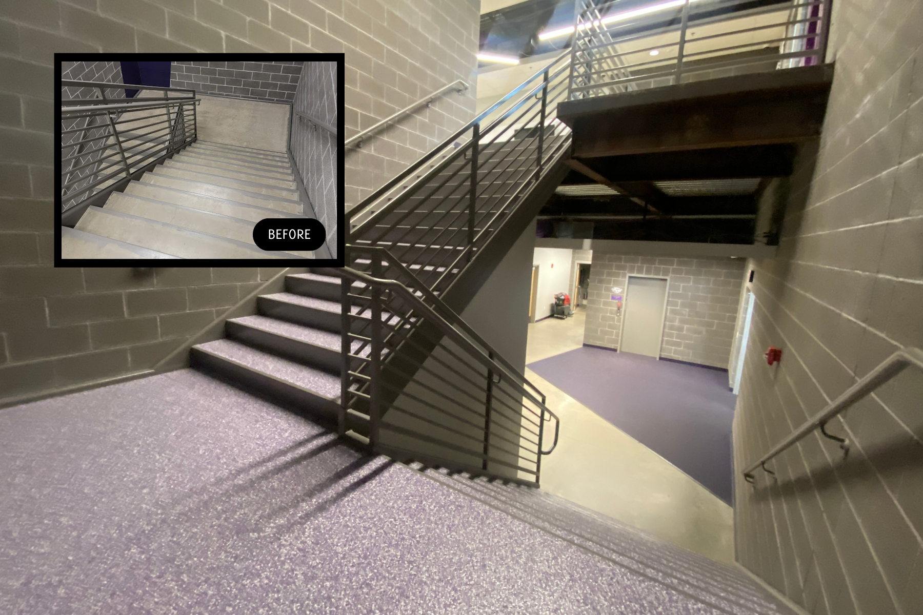 A before and after picture of a staircase in a building