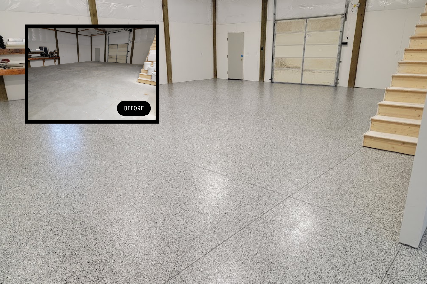 A picture of a garage floor before and after being painted