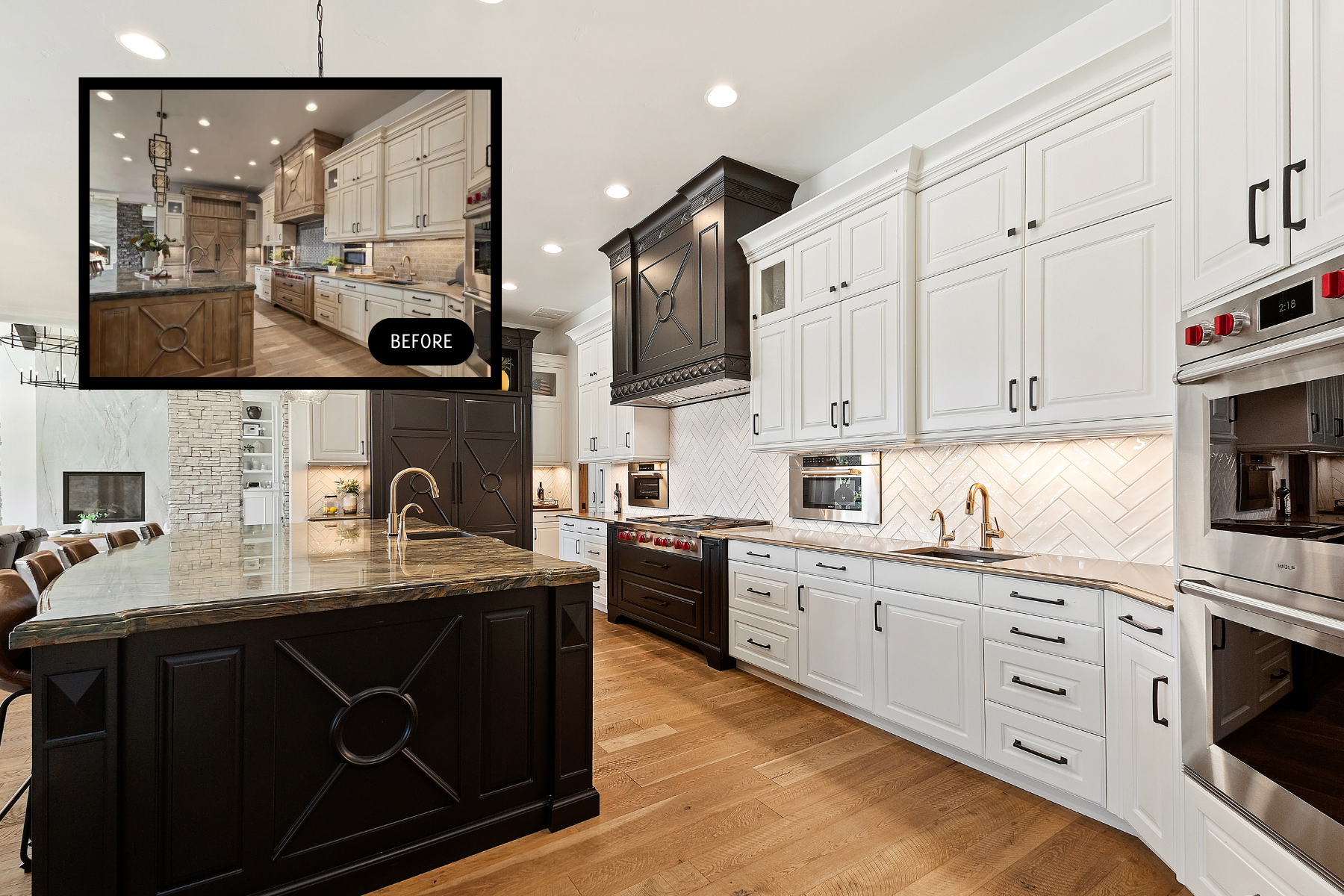 A kitchen with white cabinets and stainless steel appliances and a large island.