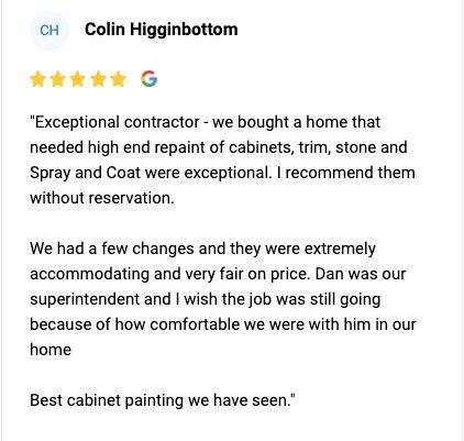 A google review of a home that needed high end repair of cabinets , trim , stone and spray and coat were exceptional.