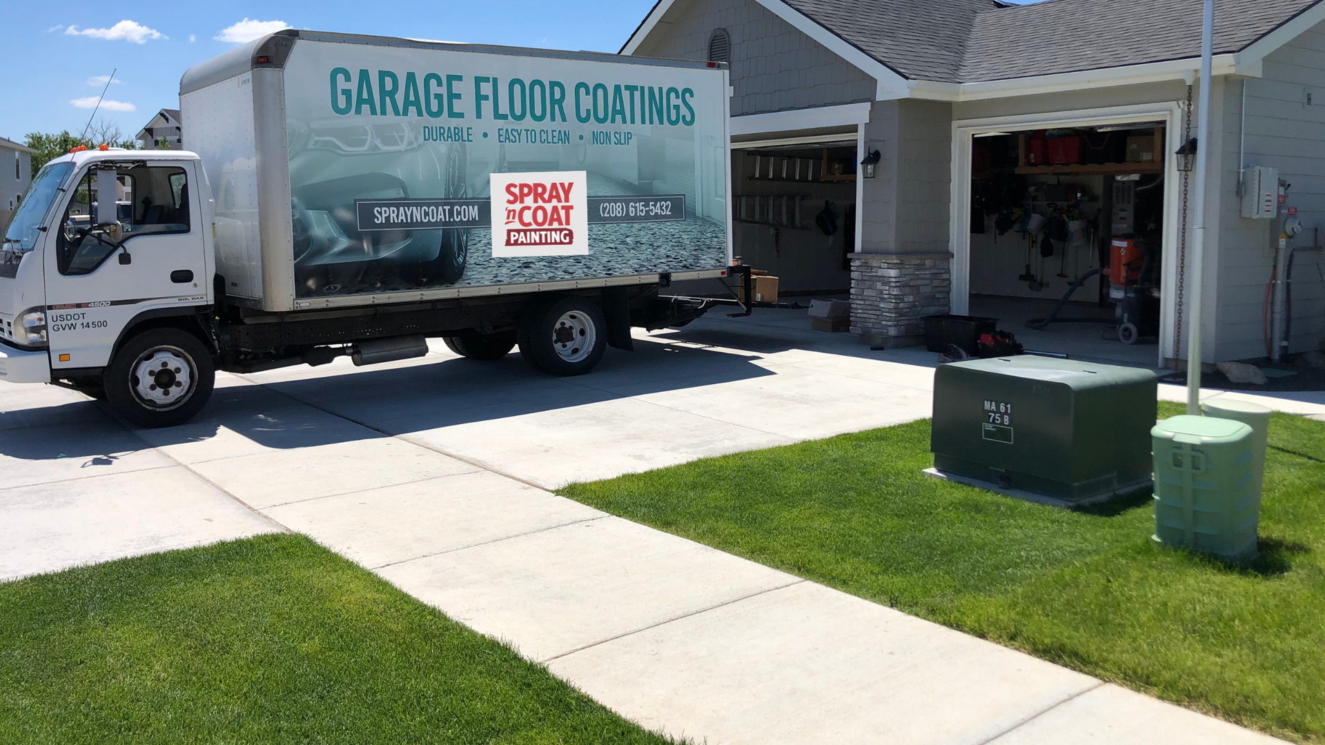 A garage floor coatings truck is parked in front of a house.