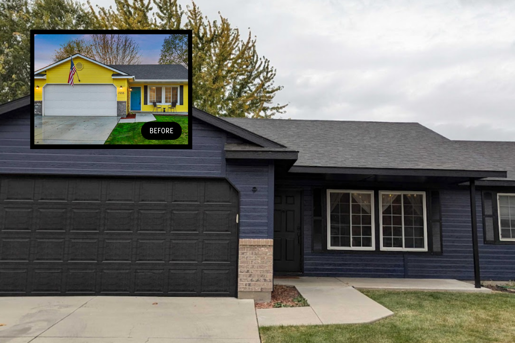 A picture of a house with a yellow roof and a black garage door.