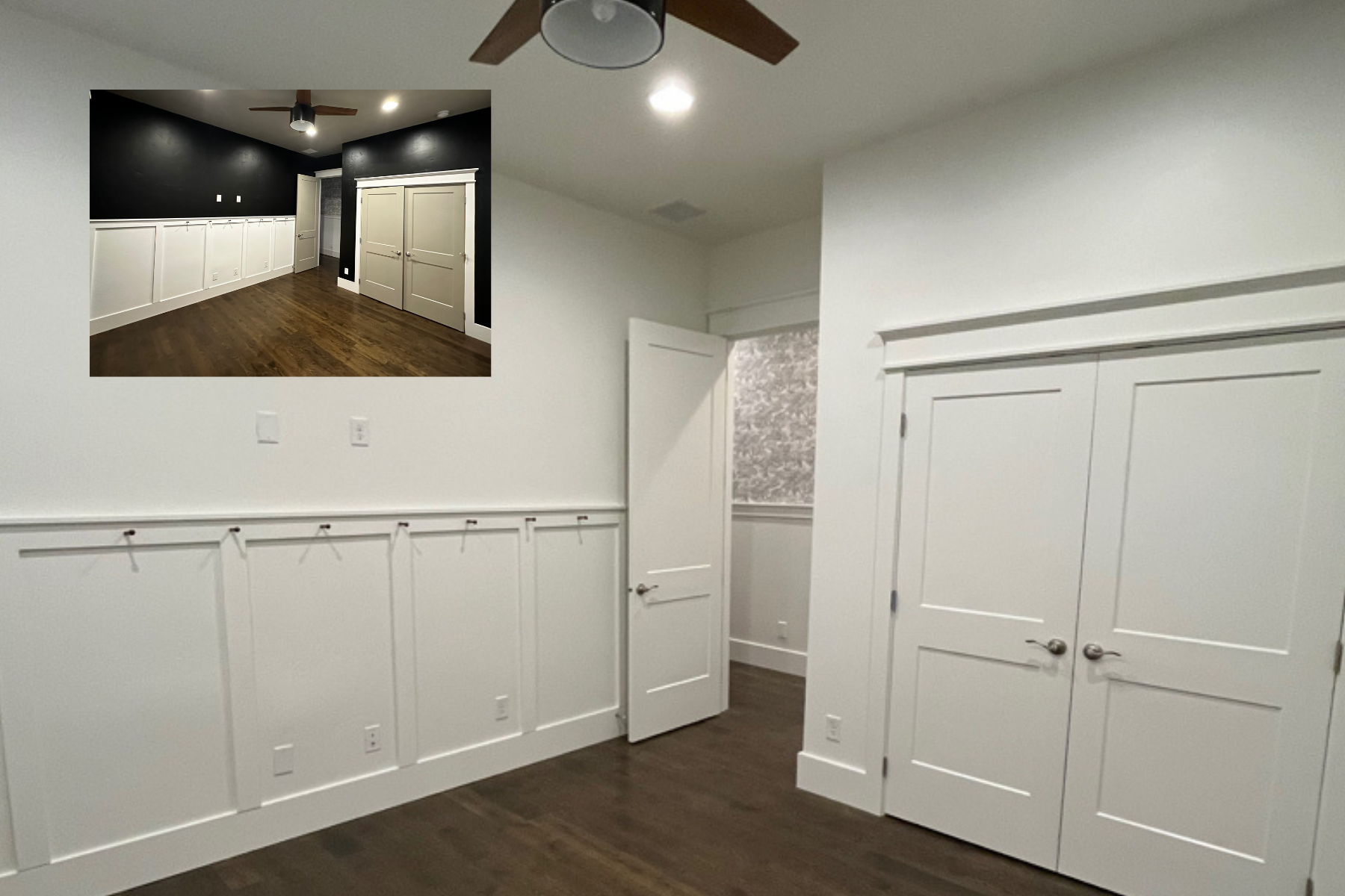 There is a picture of a room before and after being remodeled.