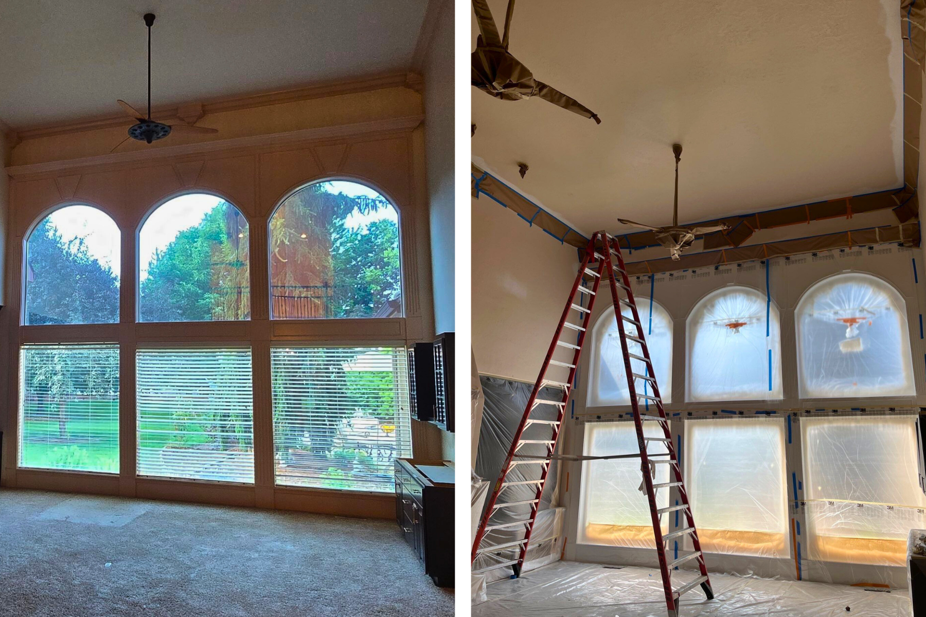 A before and after photo of a living room with arched windows and a ladder.