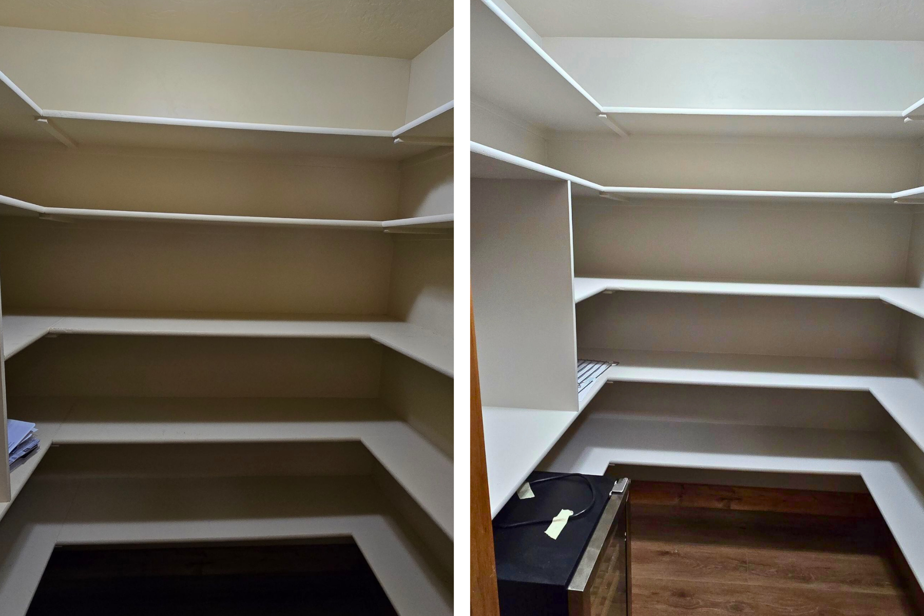 A before and after photo of a closet with shelves