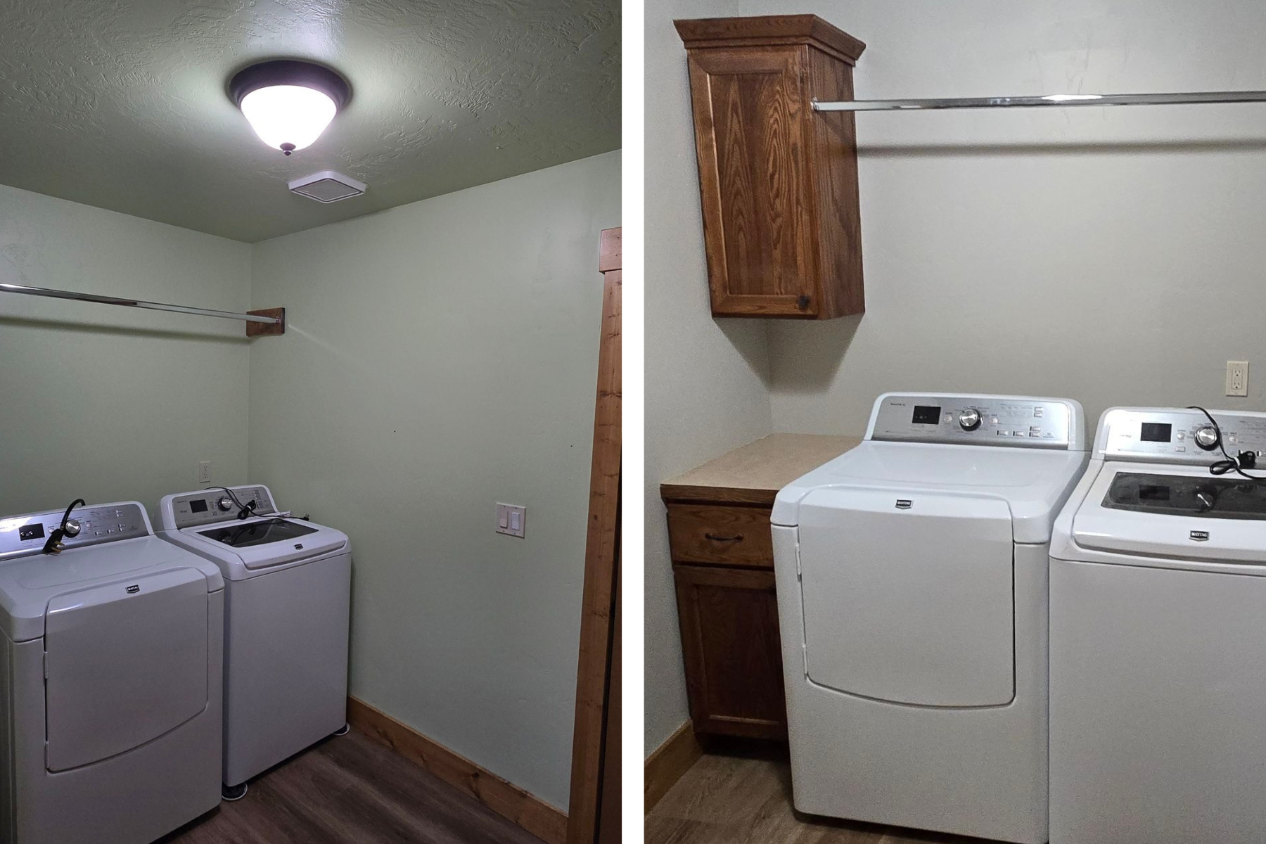 Two pictures of a laundry room with a washer and dryer.
