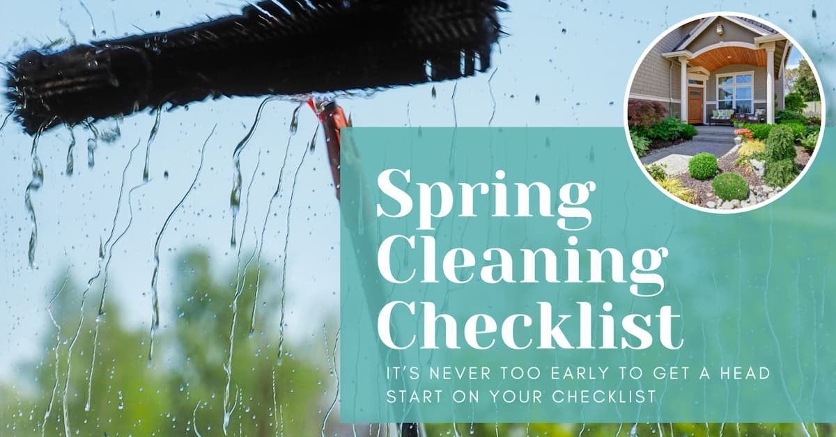 A spring cleaning checklist with a picture of a house and a brush on a window.