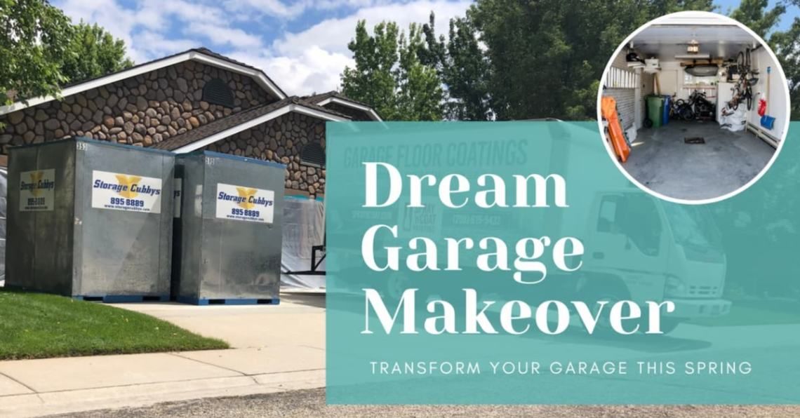 A picture of a garage with the words `` dream garage makeover '' written on it.