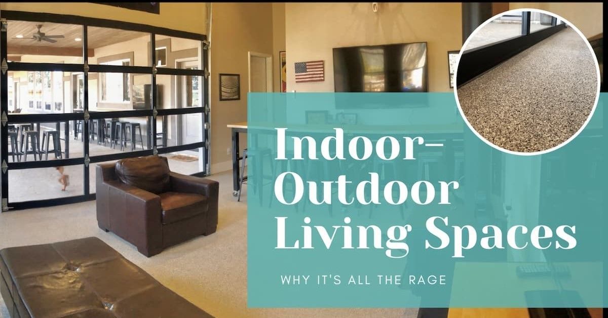 A living room with a chair and a sign that says indoor outdoor living spaces