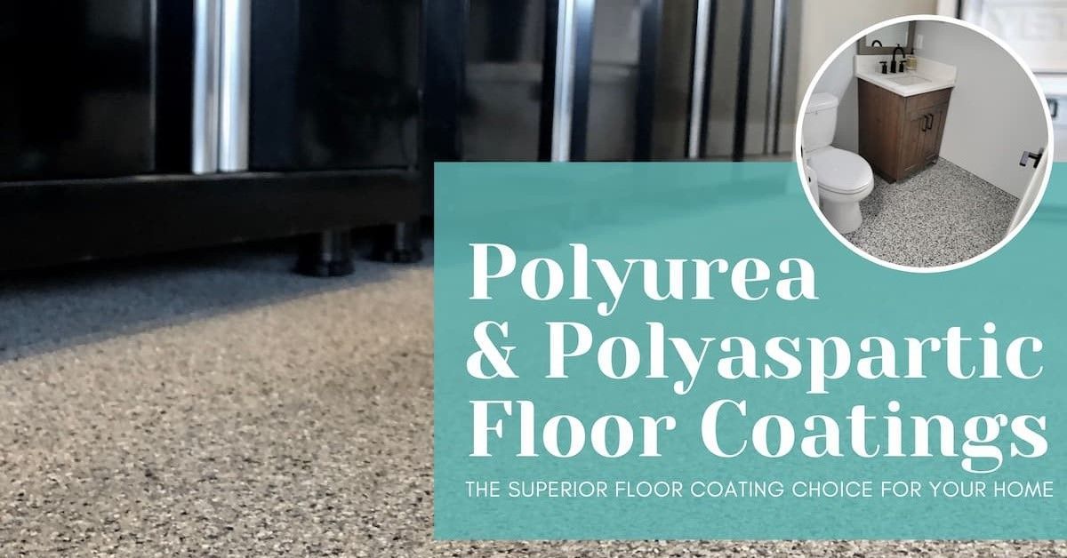 A picture of a bathroom with a toilet and a sign that says polyurea and polyaspartic floor coatings