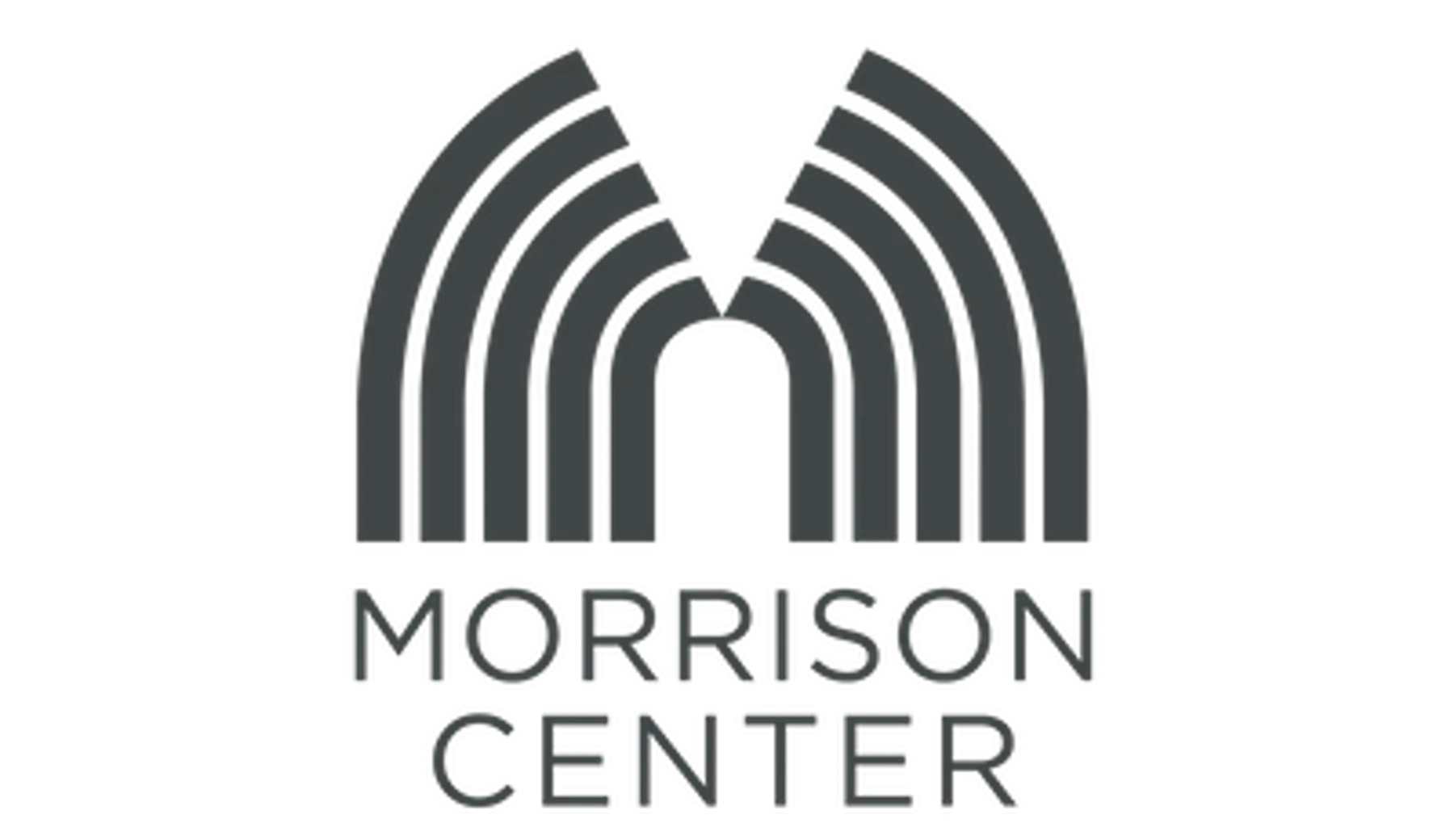 The morrison center logo is black and white with a rainbow in the middle.