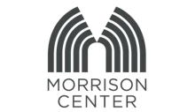 The morrison center logo is black and white with a rainbow in the middle.