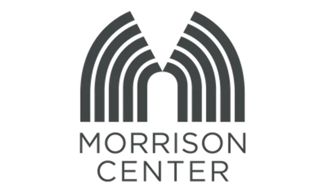 The morrison center logo is black and white with a rainbow in the middle.
