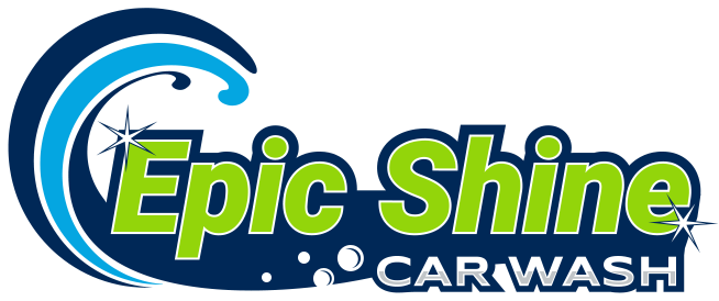 The logo for epic shine car wash is blue and green.