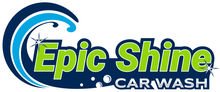 The logo for epic shine car wash is blue and green.