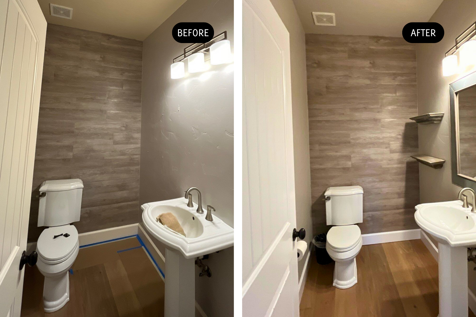 A before and after photo of a bathroom with a toilet , sink and mirror.