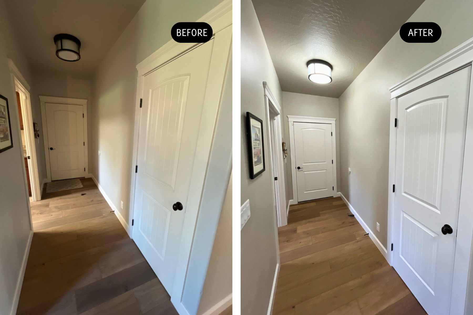 A before and after photo of a hallway with white doors.