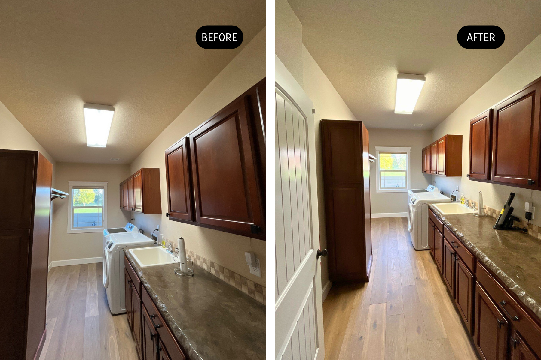 A before and after photo of a laundry room