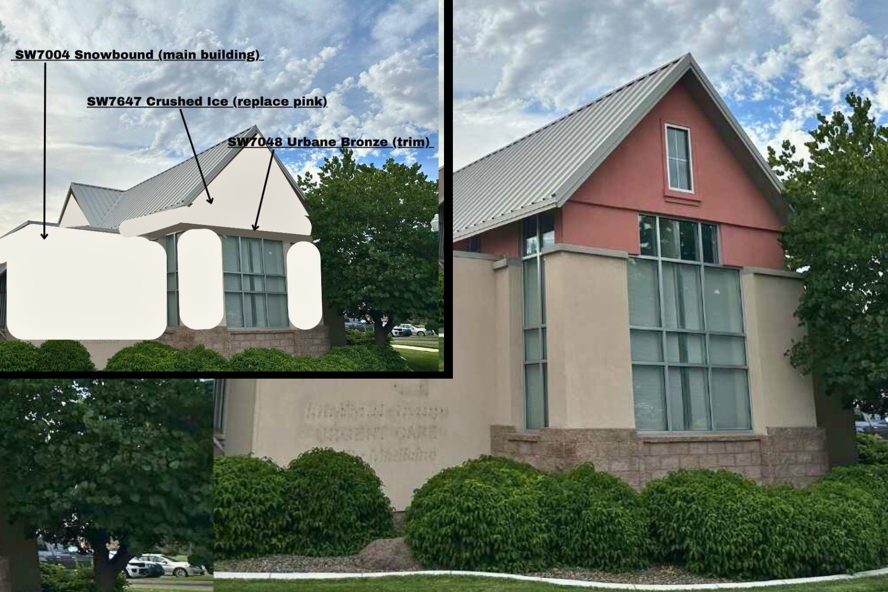 A drawing of a building with a red roof