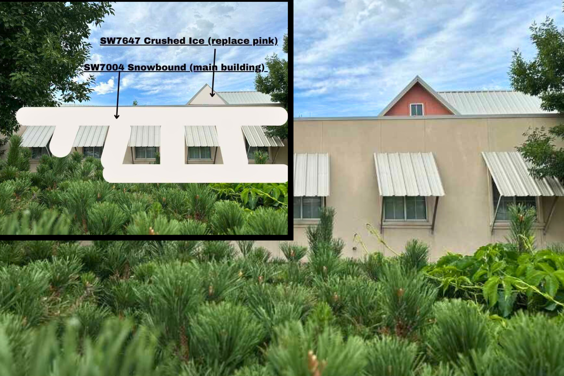 A picture of a building with white awnings on the windows