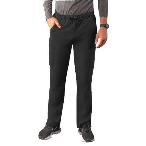 Man in black scrub pants with drawstring and side pocket, standing.