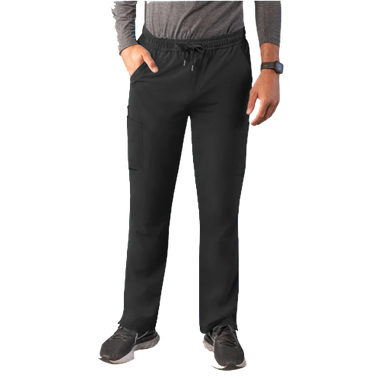 Man in black scrub pants with drawstring and side pocket, standing.