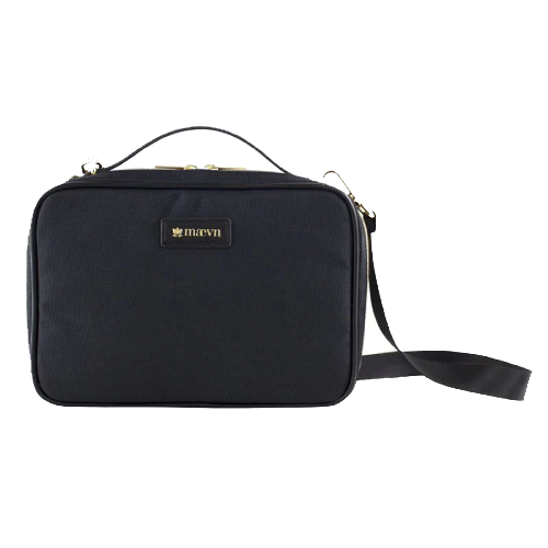Black rectangular cosmetic bag with top handle and shoulder strap.