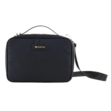 Black rectangular cosmetic bag with top handle and shoulder strap.