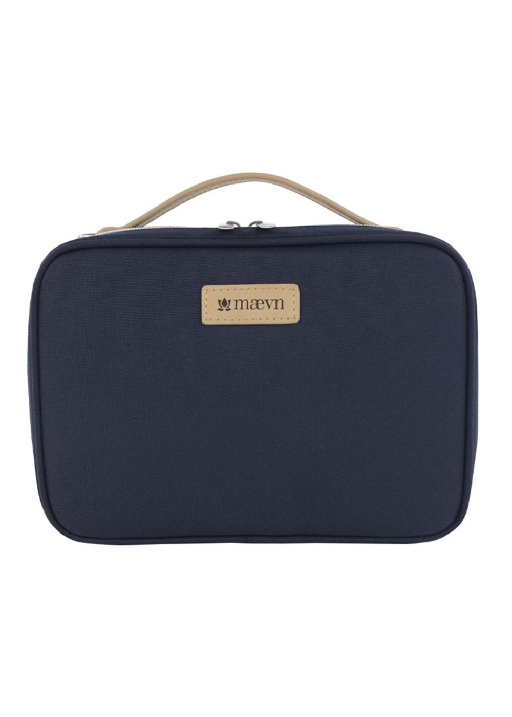 Navy blue cosmetic bag with tan handle and brand label.