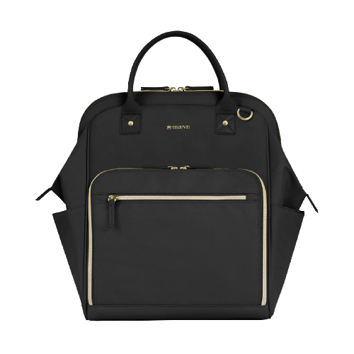 Black backpack purse with gold zippers and hardware.