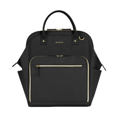 Black backpack purse with gold zippers and hardware.