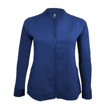 Blue zip-up jacket with long sleeves and a stand-up collar.